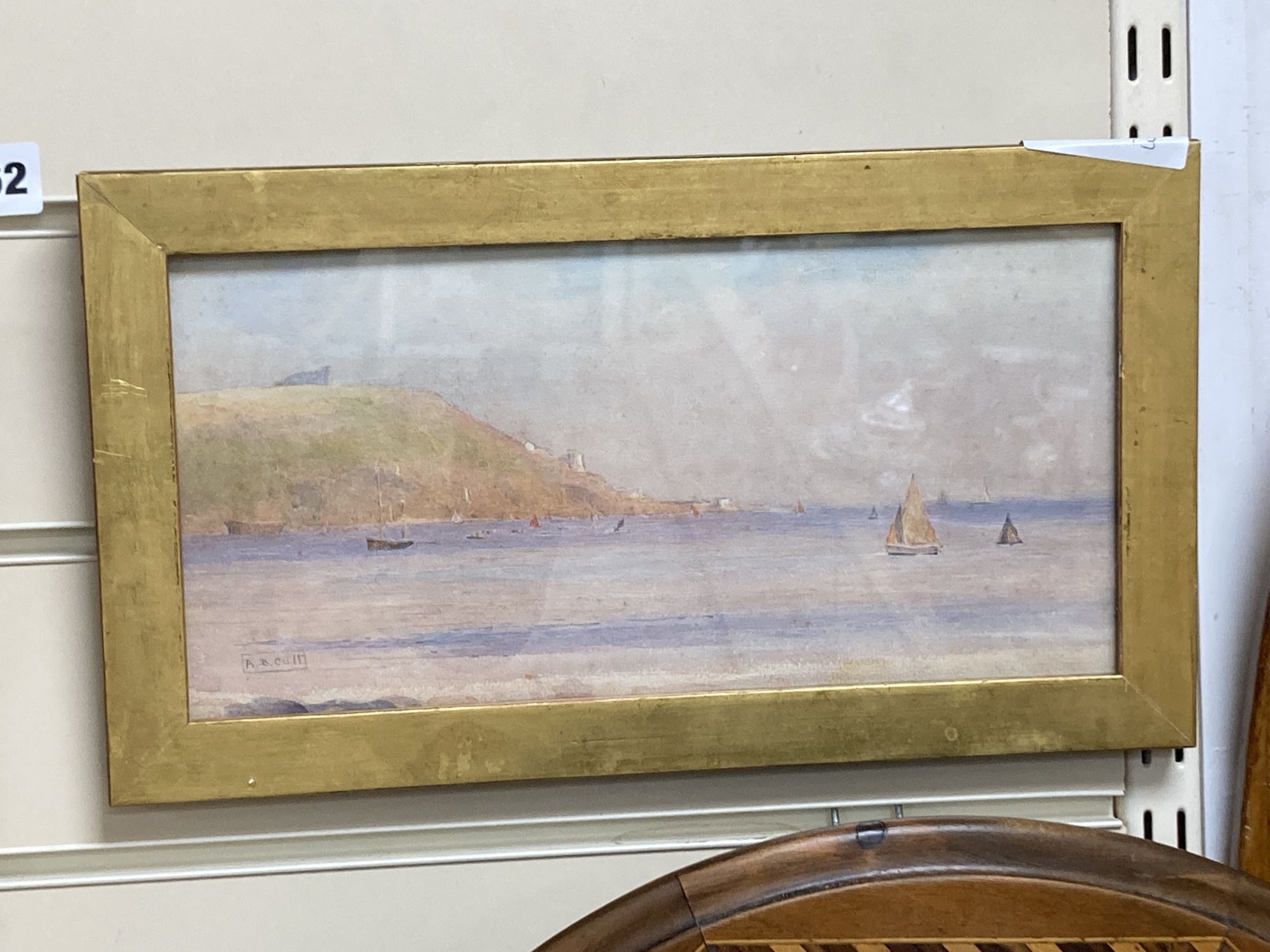 Alma Burton Cull (1880-1931), watercolour, Shipping along the coast, signed in pencil, 14 x 29cm